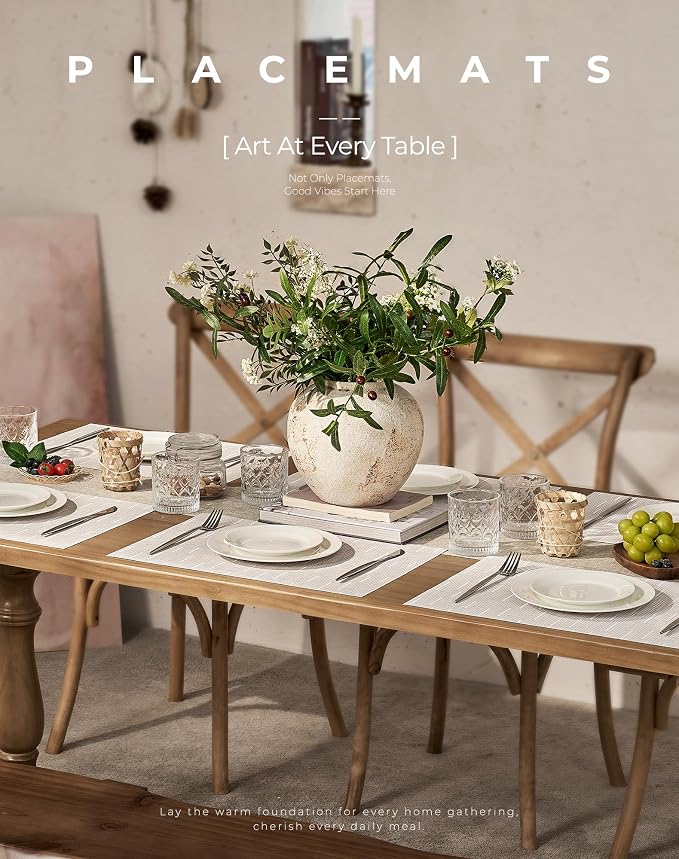 Leetaltree Pale Beige Placemats Set of 12 - Heat Resistant Non-Slip Place mats for Dining Table, Washable Durable PVC Vinyl Woven Table Mats（Pale Beige, 12）