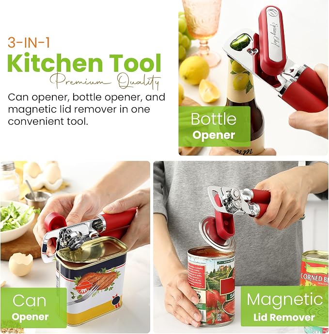 Spring Chef Stainless Steel Manual Can Opener with Soft Grip Handles, Red | Heavy Duty Hand Can Opener for Seniors with Smooth Edge, Easy Turn, 3in1 Can Opener with Magnetic Lid Remover & Bottle Opener