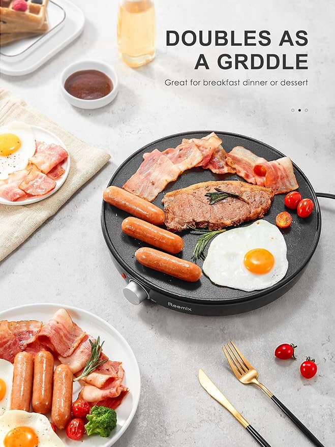 Reemix Crepe Maker Machine, Compact Pancake Griddle | Precise Temperature Control, Nonstick 12” Electric Griddle, Batter Spreader for Eggs, Pancakes, Omelets and Quesadillas