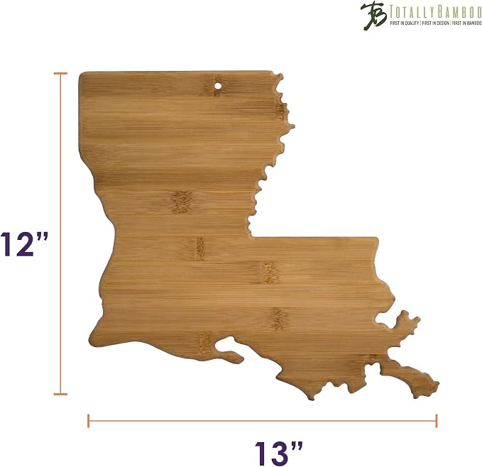 Totally Bamboo Louisiana State Shaped Bamboo Serving and Cutting Board | State charcuterie board with natural bamboo grain. Knife-friendly surface for food prep. Hang tie for wall display.