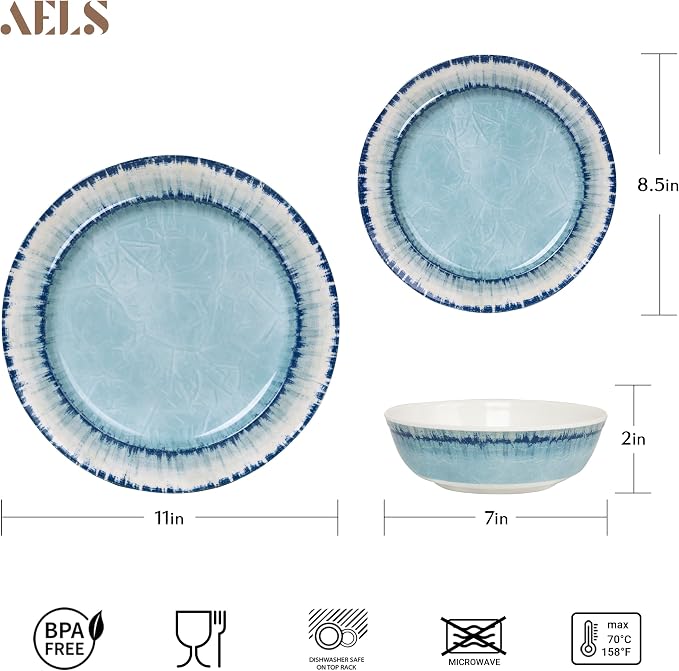 Melamine Dinnerware Set of 18 Pcs Dinner Dishes Set, Lightweight Unbreakable for Indoor and Outdoor Use, BPA Free, Dishwasher Safe, Light Blue