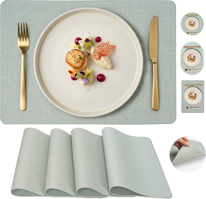 Faux Leather Placemats Set of 4, Wipeable Waterproof Stain Resistant Table Mats, Heat Resistant Thick Placemats with Hand-Painted Edges for Kitchen Dining, Imitative Linen Texture, Various Shapes