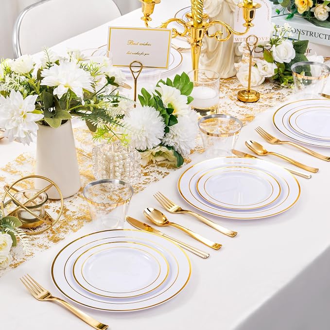 WELLIFE 300Pcs Gold Dinnerware Set for 50 Guests, Gold Rim Plastic Plates Disposable, 50 Dinner and 50 Salad Plates, 50 Cups, 50 Silverware Set for Party