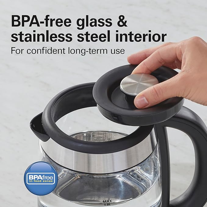 Hamilton Beach 1.8 Liter Electric Tea Kettle, Water Boiler & Heater | Fast Boiling 1500 Watts | BPA Free | Cordless Serving | Auto-Shutoff & Boil-Dry Protection | Blue LED | Clear Glass