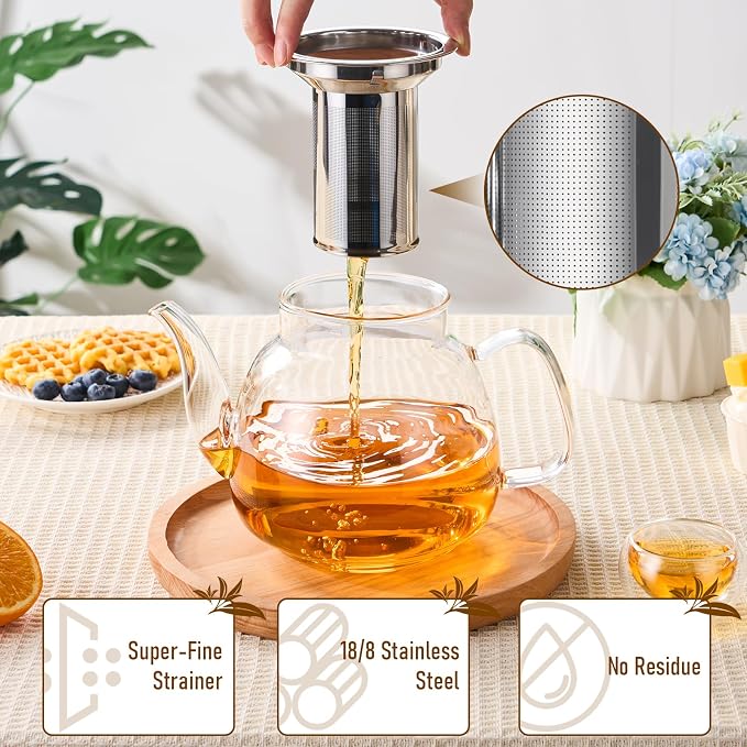 PARACITY Glass Teapot with Infuser, 50 oz Stovetop Kettle for Loose Tea | Borosilicate body with removable 18/8 steel strainer brews blooming and herbal teas; long spout supports travel or camping