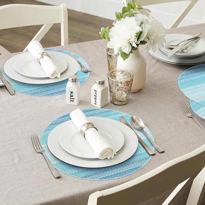 Round Placemats, Placemats Set of 4 Washable Place Mats, Blue 15" | Easy to Clean, Heat Resistant Table Mats, Wipeable Linen Placemat for Holiday Party Kitchen Dining Table Decoration