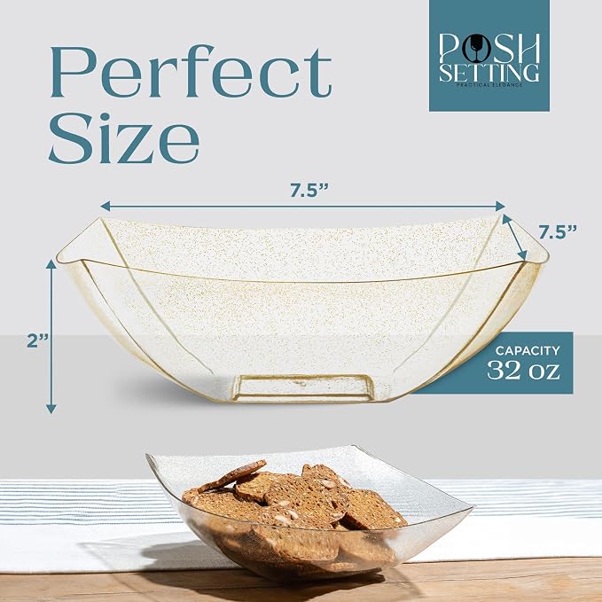 4 Pack Disposable Gold Plastic Serving Bowls Square Party Candy Use 32oz | Square Design. Disposable Party Tableware. Salad, Fruit & Candy Use. Candy Buffet Containers. Gold Plastic.