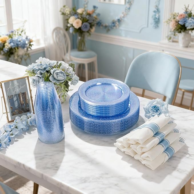 DaYammi 210PCS Blue Glitter Plastic Dinnerware Set for 30 Guests, Fancy Disposable Plates for Party, Include: 30 Dinner Plates, 30 Dessert Plates, 30 Pre Rolled Napkins with Blue Silverware, 30 Cups