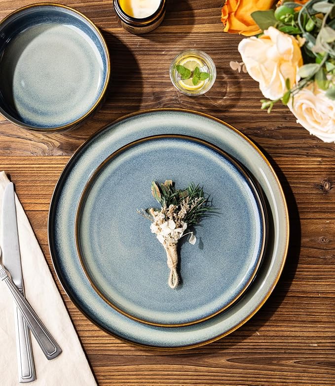 Ceramic Dinnerware Set for 4, 12-Piece Plates and Bowls Set | Handmade Reactive Glaze Dish Set, Scratch Resistant, Oven & Microwave & Dishwasher Safe, Denim Blue