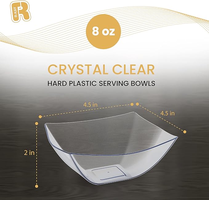 R-kay 6 Pack Square Small Plastic Serving Bowls 8 oz - Small Plastic Bowls for Parties, Premium For Weddings Catering And Birthday parties