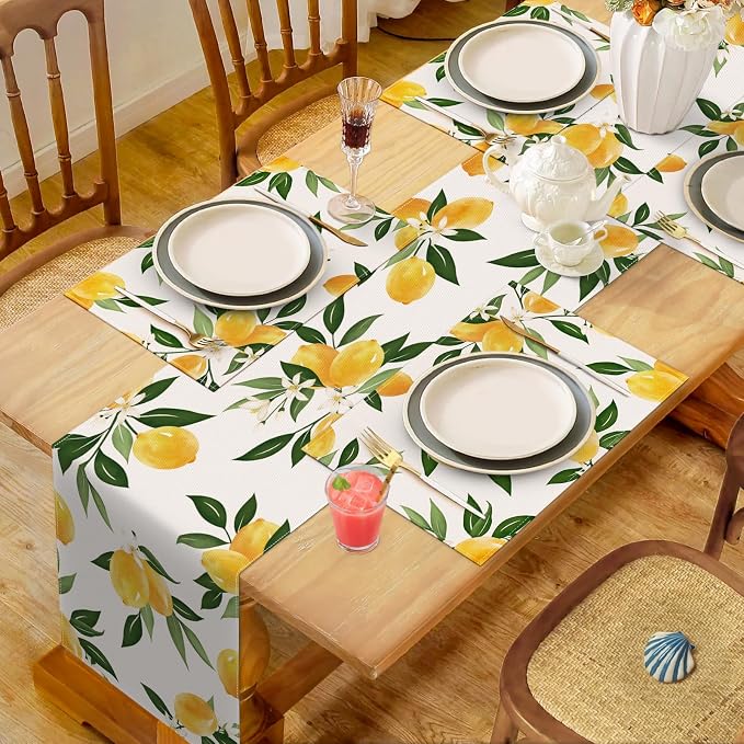 Bonhause Lemon Placemats Set of 4, 12x18 Inch Summer Yellow Fruits Green Leaves Kitchen Dining Table Mats Washable Place Mats for Indoor Outdoor Home Party Decor