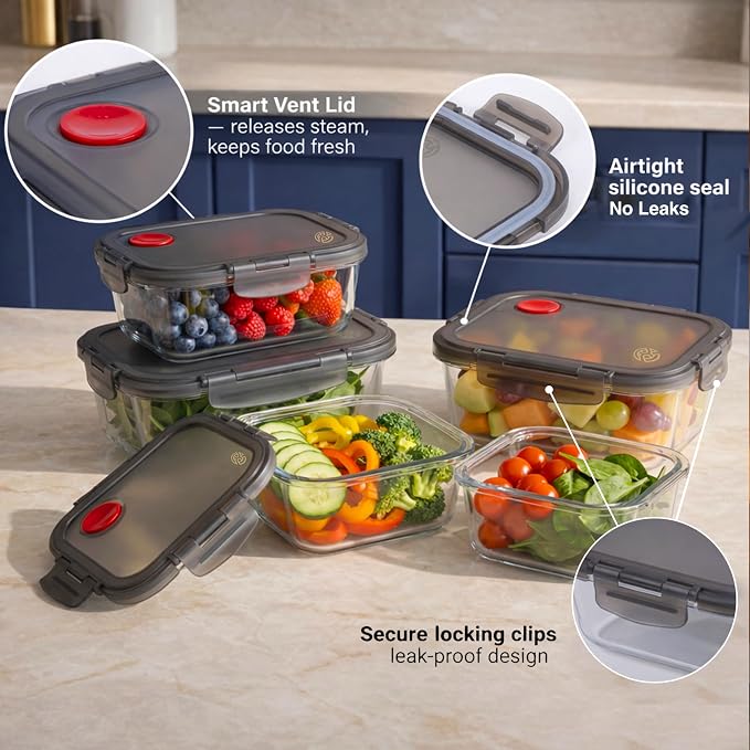 Borosilicate Glass Airtight Food Storage Containers with Vented Lids, Assorted Set of 8 (4 Rectangular & 4 Square)