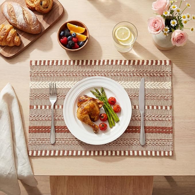 Artoid Mode Caramel Farmhouse Woven Braided Stripe Placemats Set of 4,12x18 Inch Seasonal Holiday Table Mats Party Kitchen Dining Decoration