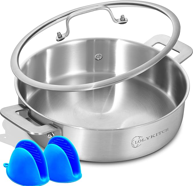 6-Quart Tri-Ply Stainless Steel Saute Pan wih Lid, 12 Inch Deep Frying Pan | Induction Cooking Skillet | Jumbo Cooker | Dishwasher & Oven Safe | Compatible with All Cooktops | Two Handles for Conversion