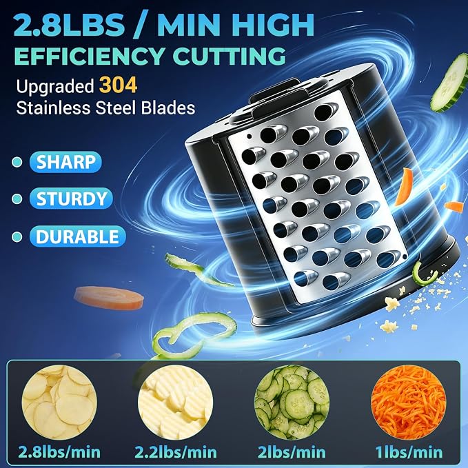 6-IN-1 Electric Cheese Grater Stainless Steel 800W [3S Efficient Cutting] | 800W Heavy Duty Electric Cheese Grater for Block Cheese, Parmesan, Vegetable, salad, Ice Shave（Silver）
