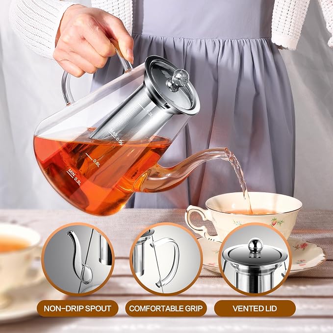 Glass Teapot, 1200ml (40oz) Tea Pot with Infuser for Loose Tea and Blooming Tea, Stovetop Safe Tea Kettle, Hand Crafted Borosilicate Glass Tea Maker with Scale Line, Tea Gift Set for Tea Lovers