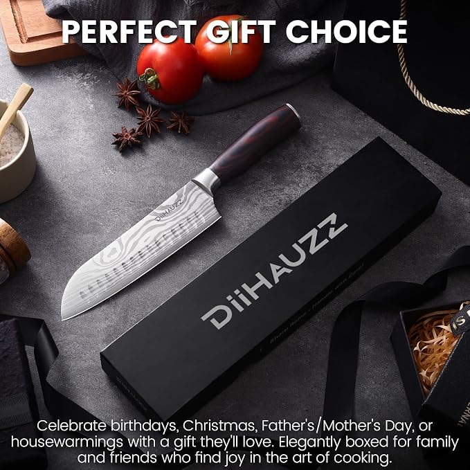 DiiHAUZZ 7" Santoku Knife, Japanese Chef Knife with Non-Stick Granton Edge | High Carbon Stainless Steel, Razor Sharp Edge, Ergonomic Handle, No Crack or Shrink Pakkawood, 59HRC, Sheath & Gift Box