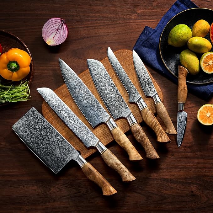 SENKEN 16-Piece Damascus Knife block Set - The Dynasty Collection - Japanese VG10 Damascus Steel with Natural Sycamore Wood Handles, Steak Knives, Scissors, & Sharpening Rod (16-Piece Knife Block Set)