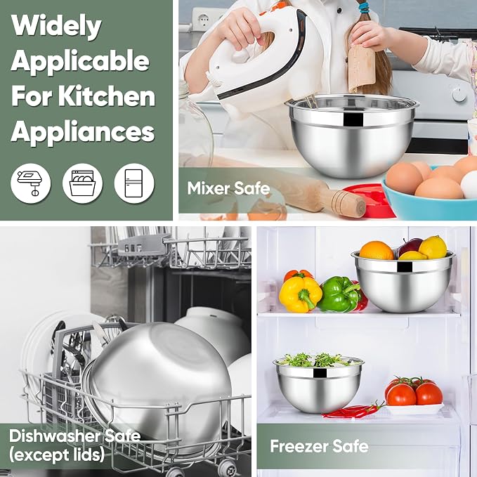 TeamFar Mixing Bowls Set of 5, Stainless Steel Metal Salad Bowls with Lids | 4.5/3/1.5/1/0.7 QT, Nesting Bowls, Ideal for Mixing Prepping Serving, Non-Toxic & Sturdy, Airtight Lid & Easy Clean, Khaki