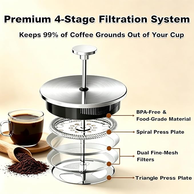 QUQIYSO French Press 51oz,Large French Press Thickened Glass Coffee Press | French Press Stainless Steel,Large Capacity Coffee Maker,Easy to Clean,4 Filter,Suitable for Party Home Office(Silver)