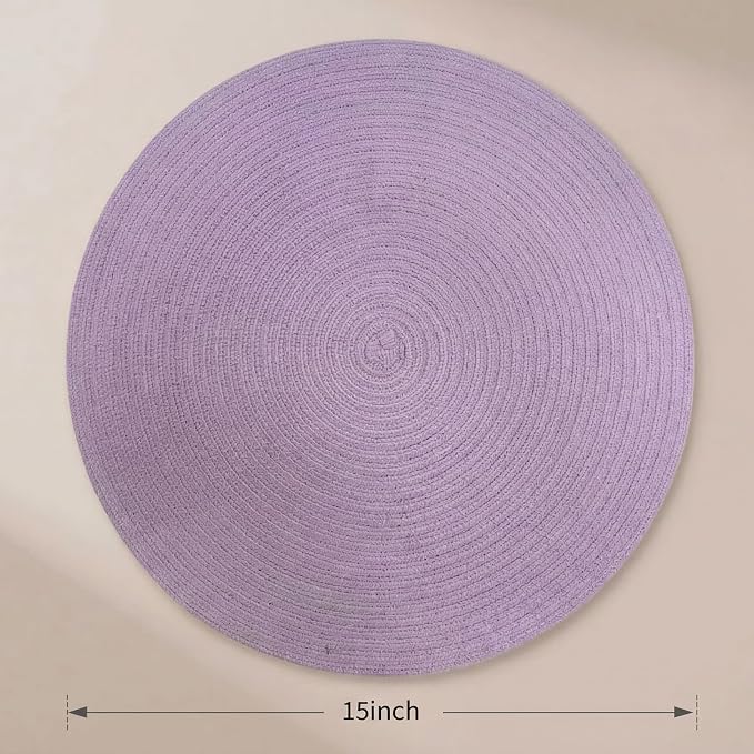 FunWheat Round Braided Placemats Set of 4 Place mats for Dining Tables Woven Heat Resistant Table Mats 15 inch (Light Purple,4pcs)