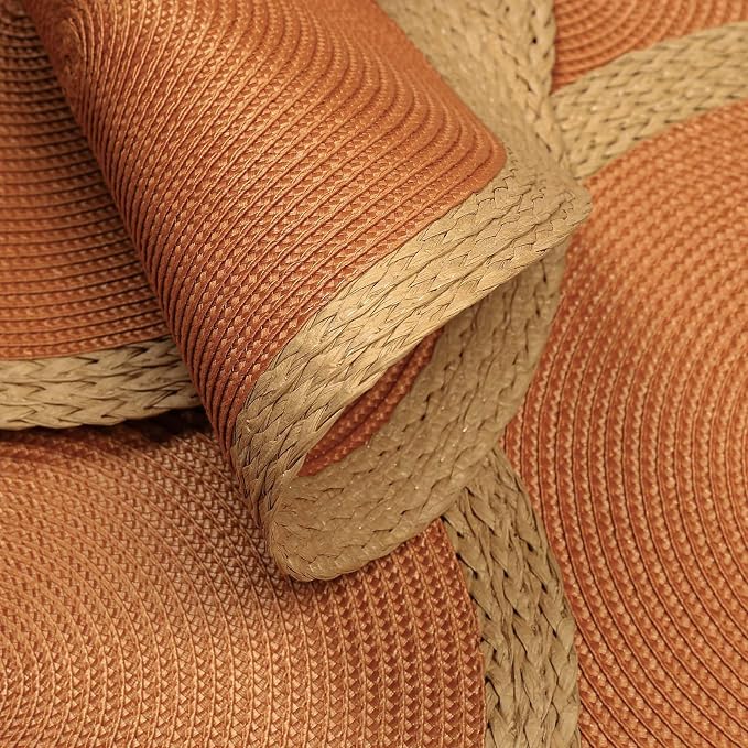 Round Placemats Set of 6, Woven Table Mats, Wide Edge, Orange | Braided Paper Edge, 15 Inch Diameter, Fits Dinner Plate and Flatware, Wipeable, Heat Resistant, Indoor Dining, Outdoor Patio
