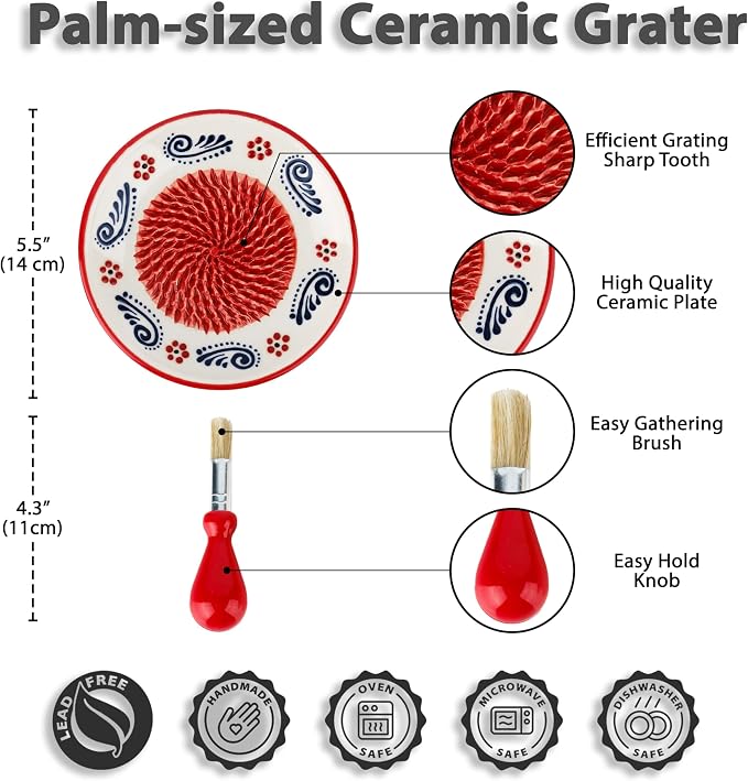 Ceramic Garlic Grater Plate - Handmade 4 Pcs Press - Natural Grinder - Decorative Mincer - Ginger, Cheese Grater - Hand Dish (Apple Red)