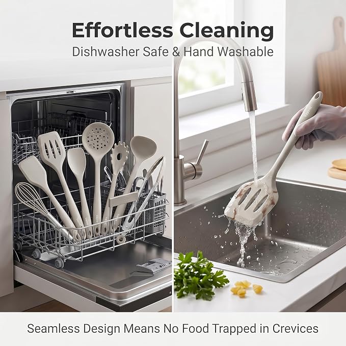 Vayvnt Silicone Kitchen Utensils Set, 10PCS Heat Resistant Utensils, Khaki | Dishwasher Safe, Non-toxic, Food Grade Silicone Cooking Utensils Set for Non Stick Cookware, Kitchen Essentials, Spatula Tong