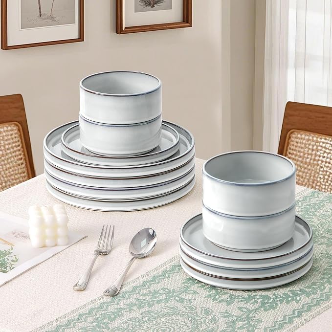 LIANYU 12 Piece Dinnerware Dishes Sets for 4, Stoneware Plates and Bowls | Ceramic Dishware Set for Pasta Dessert Cereal, Rustic Terracotta Bottom, Microwave & Dishwasher Safe, Lucent White