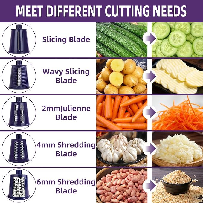 Rotary Cheese Grater with Handle, 5 Replaceable Blades(Purple) | Strong Suction Base, Round Food Slicer & Chopper for Kitchen Fruit Vegetables Nuts with Blade Storage Box