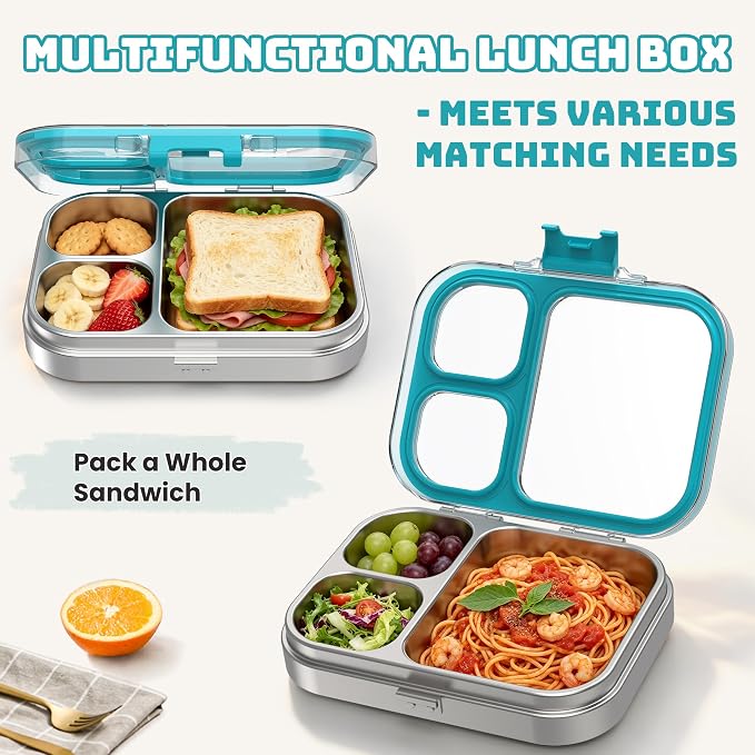 LOHASOK Stainless Steel Bento Lunch Box, 800ml, Blue | 3-Compartment, Leak Proof, Lightweight, Clear Plastic Lid, for Kids Adults, BPA/BPS Free, Dishwasher Safe