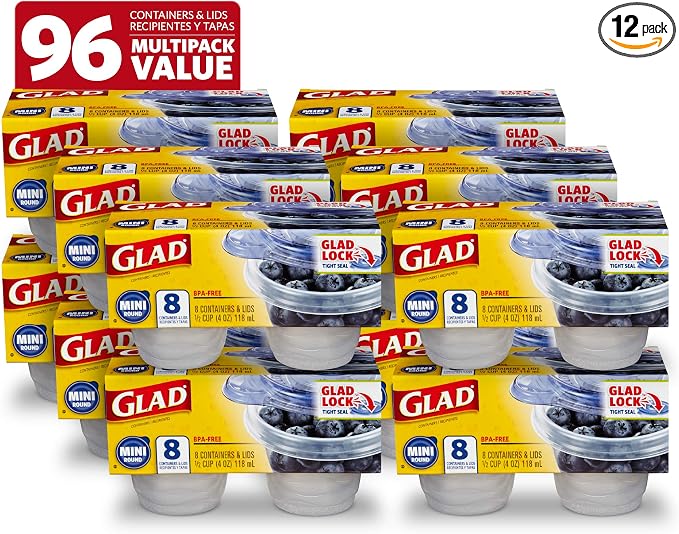 Glad GladWare Mini Round Food Storage Containers, 4 Oz, 8 Count, 12-Pack | BPA-free, lock-tight seal for snacks, portion control, and on-the-go; reusable and stackable
