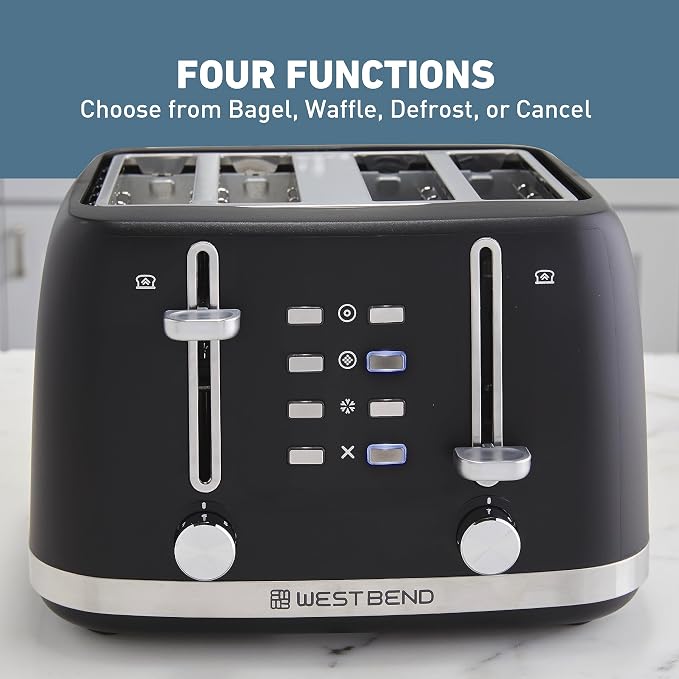 West Bend Toaster 4-Slice Extra-Wide and Deep Slots with 3 Functions and 7 Shade Settings Manual Toast Lift Lever Auto Shut-Off and Removable Crumb Tray, 1500-Watts, Black