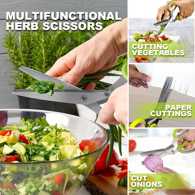Herb Scissors, Shallot Scissors, Multipurpose 5 Blade Kitchen Herb Shears, Herb Cutter with Safety Cover and Cleaning Comb for Chopping Shallot Basil Chive Parsley