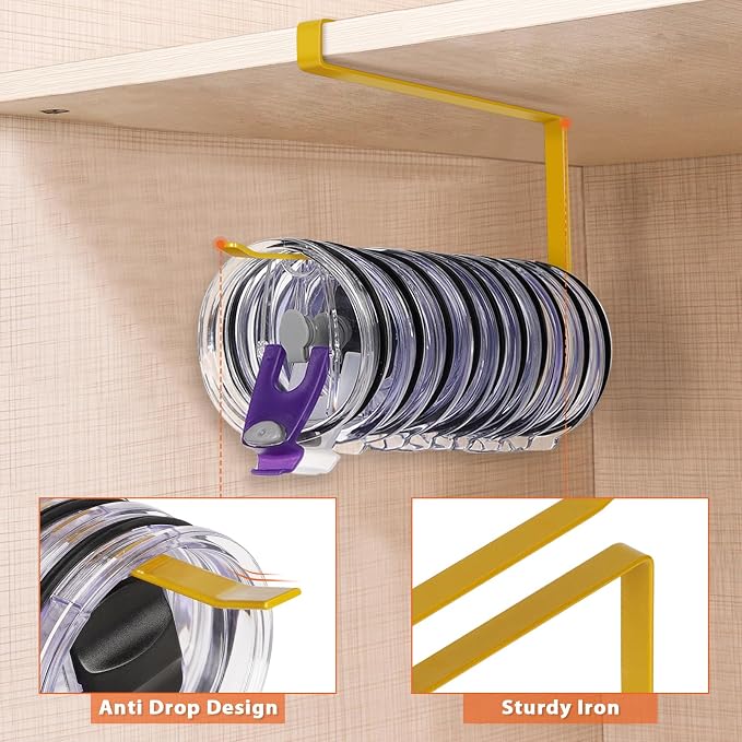 Tumbler Lid Organizer, Versatile Tumbler Lid Storage Holds 10 Lids, Gold | Space Saving Cup Lid Organizers Inside Cabinet Tumbler Lid Hook for Kitchen Organizer and Storage, Paper Towel Rack Hanger