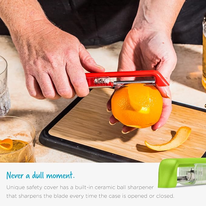 Dreamfarm Sharple Self-Sharpening Vegetable Peeler - Red | Ceramic sharpener in safety cover automatically hones stainless steel swivel blade, suitable for left & right handed use