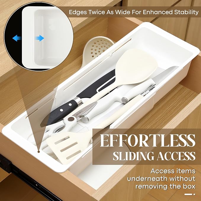 1 Pack Deep Drawer Organizer Adjustable Storage Bin(17.4-27.6") | Adjustable Width Design, Maximize Drawer Storage, Kitchen & Home Organization Solution