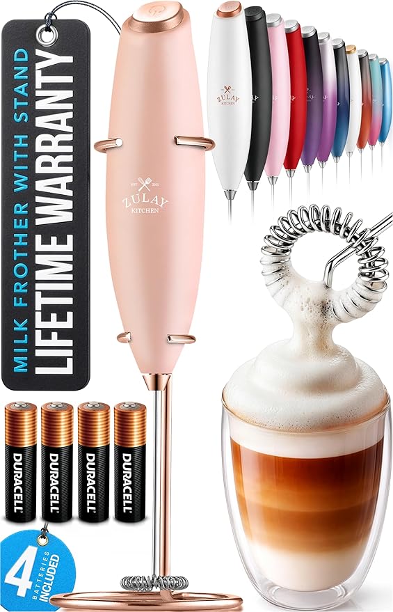 Zulay Kitchen Powerful Milk Frother Wand With Duracell Batteries - Ultra Fast Handheld Drink Mixer - Electric Whisk Foam Maker for Coffee, Lattes, Cappuccino & Matcha - Z1 Motor - Rose Peach