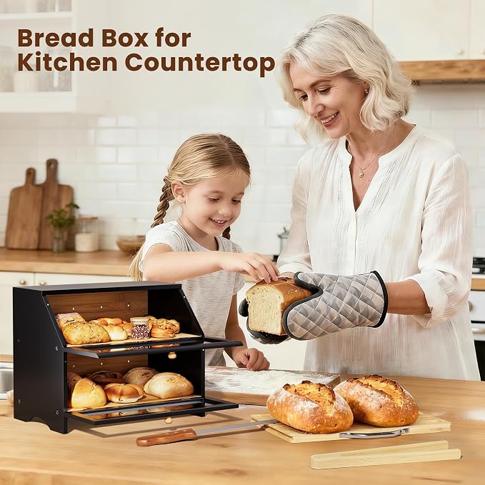 MAISONPEX Double Layer Bamboo Bread Box for Kitchen Countertop, Large Capacity, Cutting Board, Stainless Steel Bread Knife, Double Layer Storage Container with Clear Windows, Black