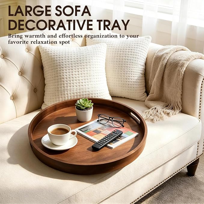 Extra Large Ottoman Tray, 24" Round Black Walnut Wood Serving Tray | Farmhouse Wooden Decorative Tray with Handles, Oversized Coffee Table Tray, Serving Platter Tray for Living Room, Countertop