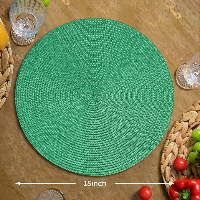 FunWheat Round Braided Placemats Set of 4 Table Mats for Dining Tables Woven Washable Non-Slip Place mats 15 inch(Holly Green, 4pcs)