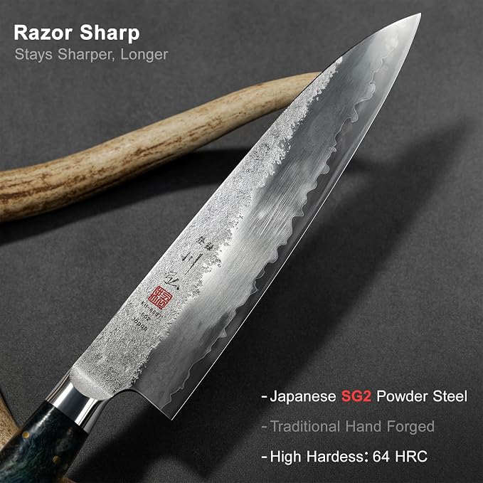 8.27" Japanese Chef Knife, SG2 Powder Steel Gyuto, Hand Forged | HRC 64 Ultra Hard, 3-Layer Steel, Stabilized Wood Handle, Perfect Balance for Professional Chef Knife Use, Gift Box