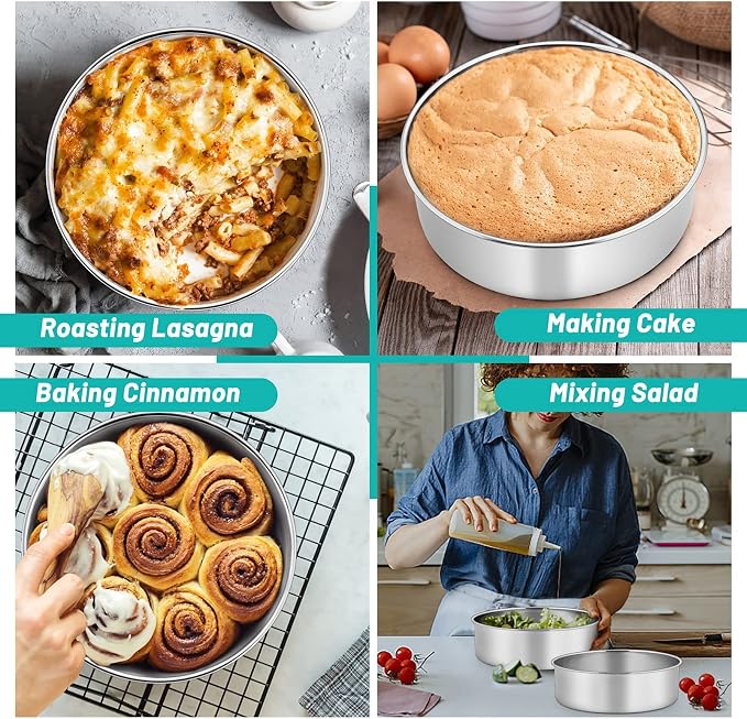 TeamFar 9 Inch Cake Pan, 9½” x 3” Stainless Steel Round Baking Pan Set of 2 | Layer Cake Baking Tins for Wedding Birthday Party, Non-Toxic, Heavy Duty, Deep Straight Side, Mirror Finish, Dishwasher Safe