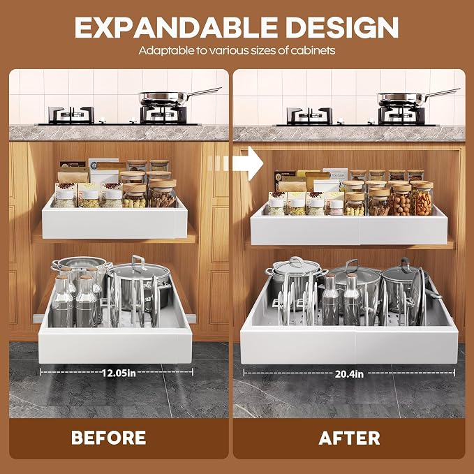 Seinloes 6 Pack Expandable Pull Out Cabinet Organizer 21"Deep With Raising Pad for Framed Cabinets,Slide Out Drawers With 4pcs Divider Racks,No Drill Roll Out Shelf,Adjustable Width 12.05"-20.4"White
