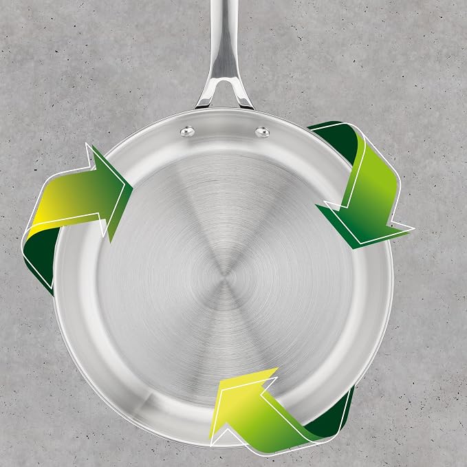 T-Fal Jamie Oliver Cooks Smart Stainless Steel Skillet Frying Pan, 9.5 in | Stainless steel interior, Induction compatible, Oven safe to 500°F, Dishwasher safe, 90% recycled steel body