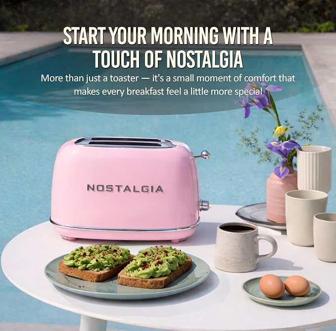 Nostalgia Classic Retro 2-Slice Toaster- Vintage Design- Enamel Coated Steel Body- Wide Slots for all Breads- Crumb Tray, Cord Storage- Defrost,Cancel and Bagel Function & 6 Toasting Levels- Pink