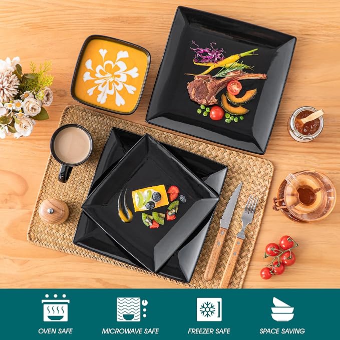 vancasso Soho Dinnerware Sets 24 Pieces, Black Stoneware Square Place Setting, Dinner Plate, Cups and Plates Sets for Kitchen, Dish Set for 6