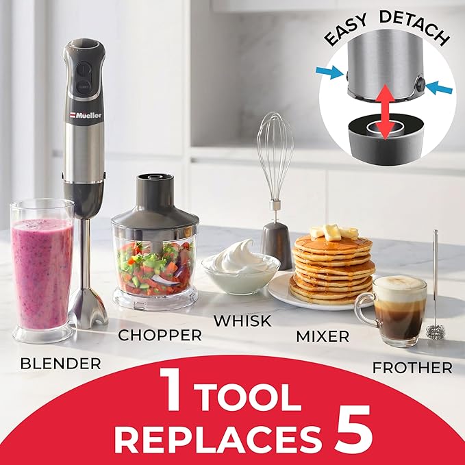 Mueller Multistick 5-in-1 Immersion Blender Handheld, 12-Speed Hand Mixer | Turbo Boost,Heaviest Duty Copper Motor,Titanium reinforced Blades Hand Blender,Milk Frother Wand,Whisk,Beaker,Chopper,Grey