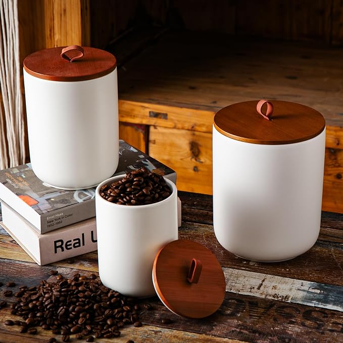JOJUNO White Ceramic Food Storage Canister Set (30 oz, 48 oz, 82 oz) with Bamboo Lids, 3-Piece Airtight Jars for Flour, Sugar, Coffee, Tea, Oats, Spice – Kitchen Storage Containers with Lids