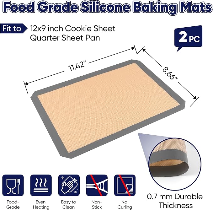 E-far Silicone Baking Mats, 11.5x8.7” Nonstick Reusable Silicone Mat for Kitchen Oven Baking Cookie Bread Pastry, 2Pcs Food Grade Rectangle Silicon Baking Sheet, Heat-Resistant & Easy Clean, Gray